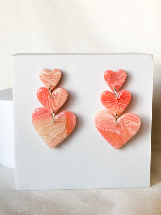 Stacked Swirled Transparent Pink Clay Dangle Hearts Earrings
