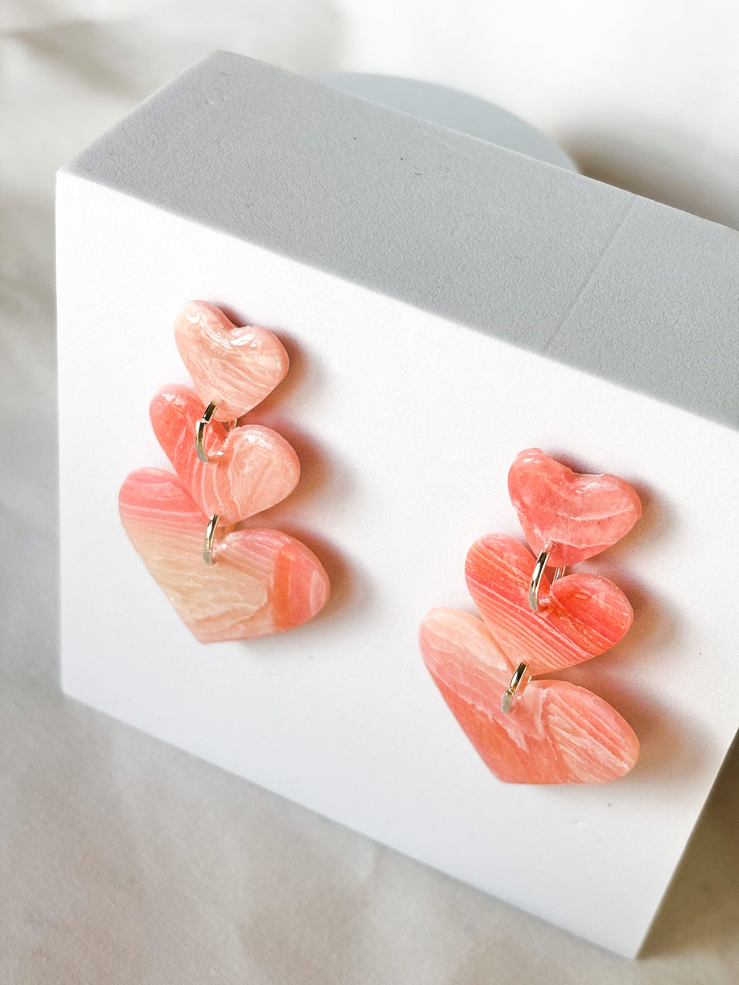 Stacked Swirled Transparent Pink Clay Dangle Hearts Earrings