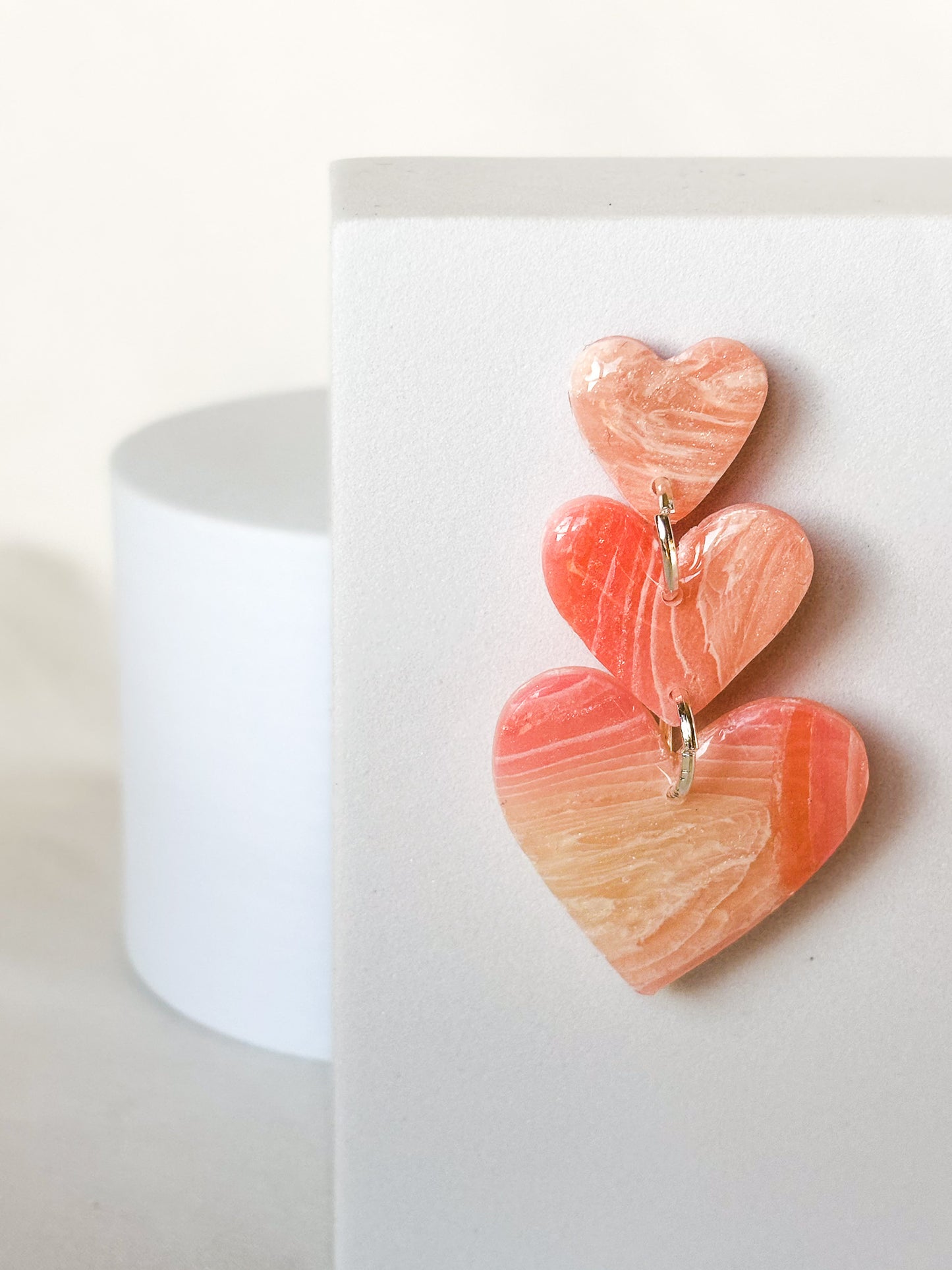 Stacked Swirled Transparent Pink Clay Dangle Hearts Earrings