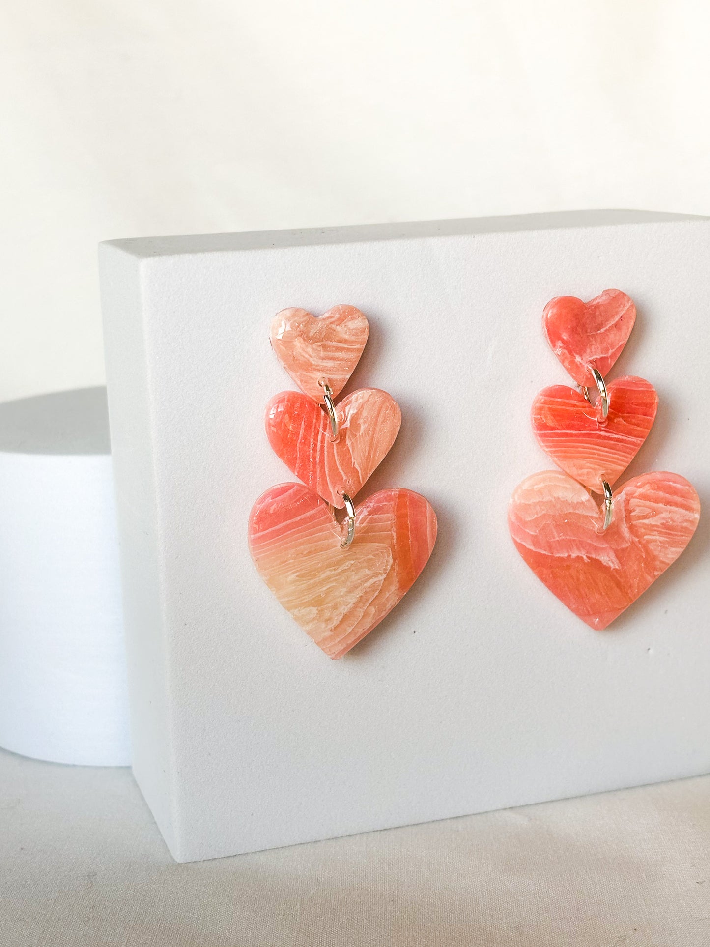 Stacked Swirled Transparent Pink Clay Dangle Hearts Earrings