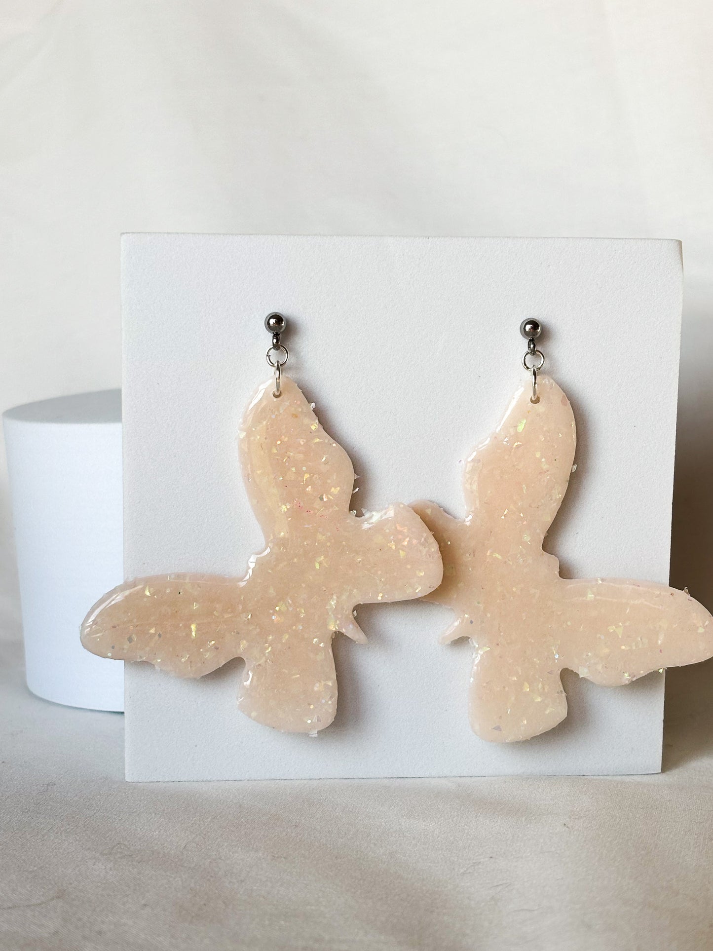 Opal Sparkle Transparent Off-White Dangle Stud Butterfly Clay Earrings