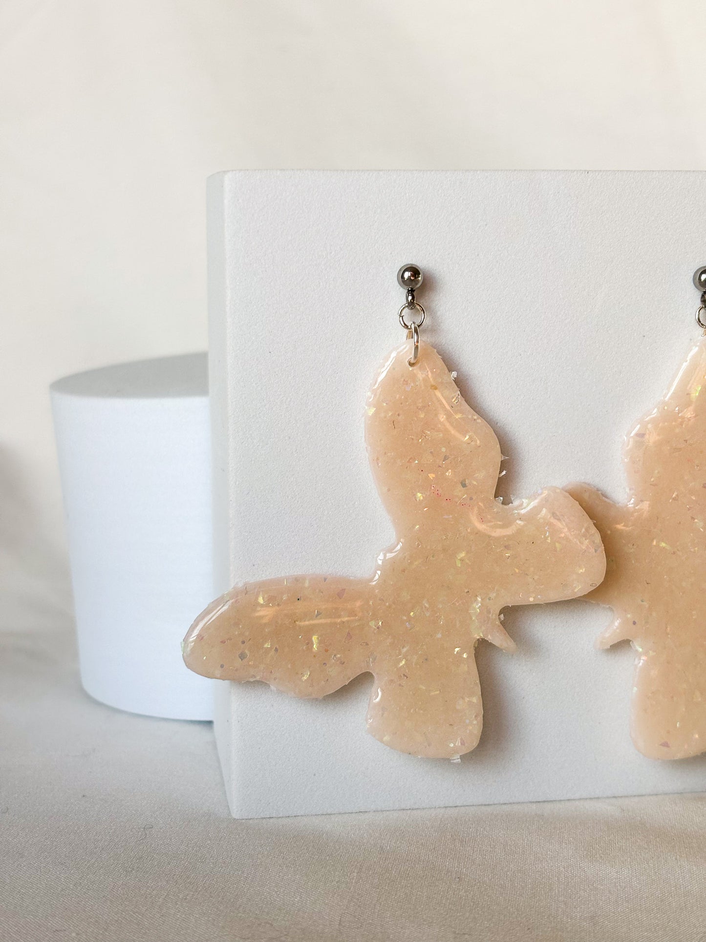 Opal Sparkle Transparent Off-White Dangle Stud Butterfly Clay Earrings