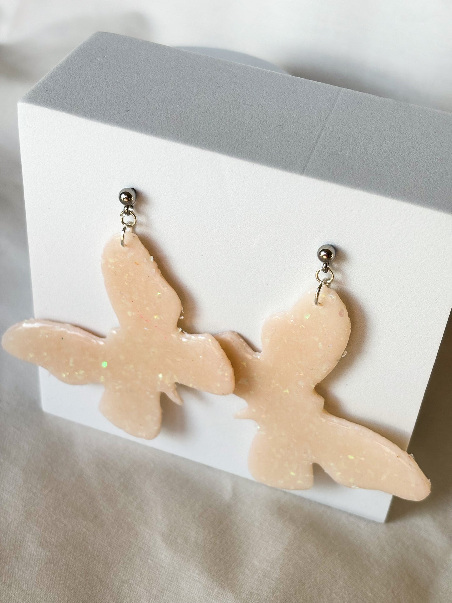 Opal Sparkle Transparent Off-White Dangle Stud Butterfly Clay Earrings