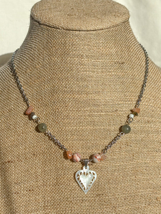 Mother of Pearl Heart Pendant Crystal Beaded Necklace