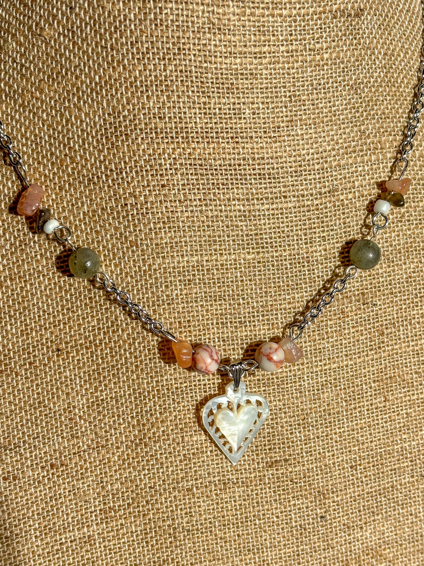 Mother of Pearl Heart Pendant Crystal Beaded Necklace