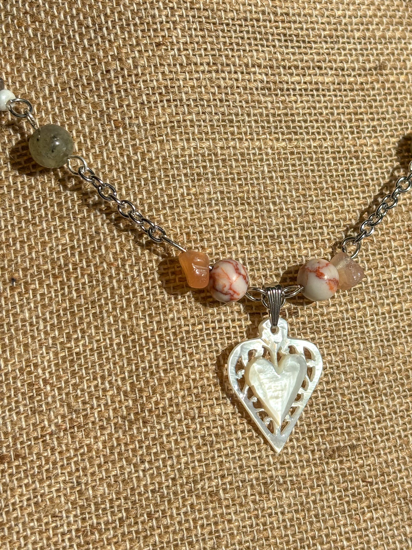 Mother of Pearl Heart Pendant Crystal Beaded Necklace