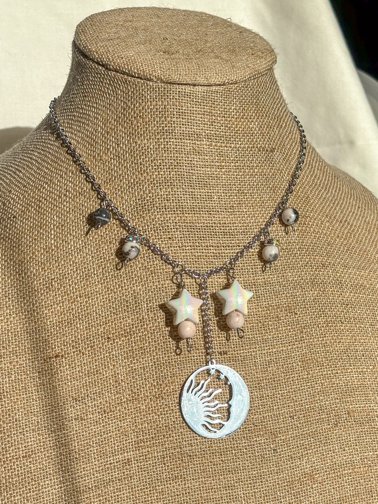 Sun Moon Star Rhodonite Crystal Beaded Necklace