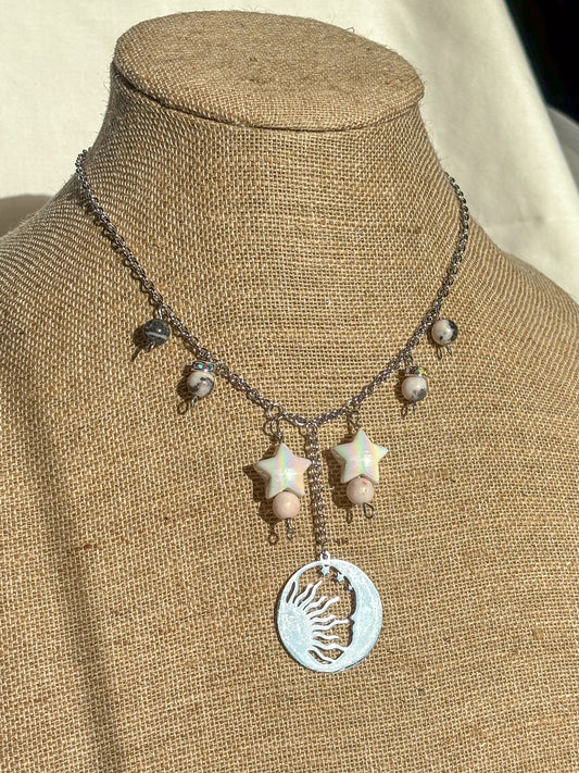Sun Moon Star Rhodonite Crystal Beaded Necklace