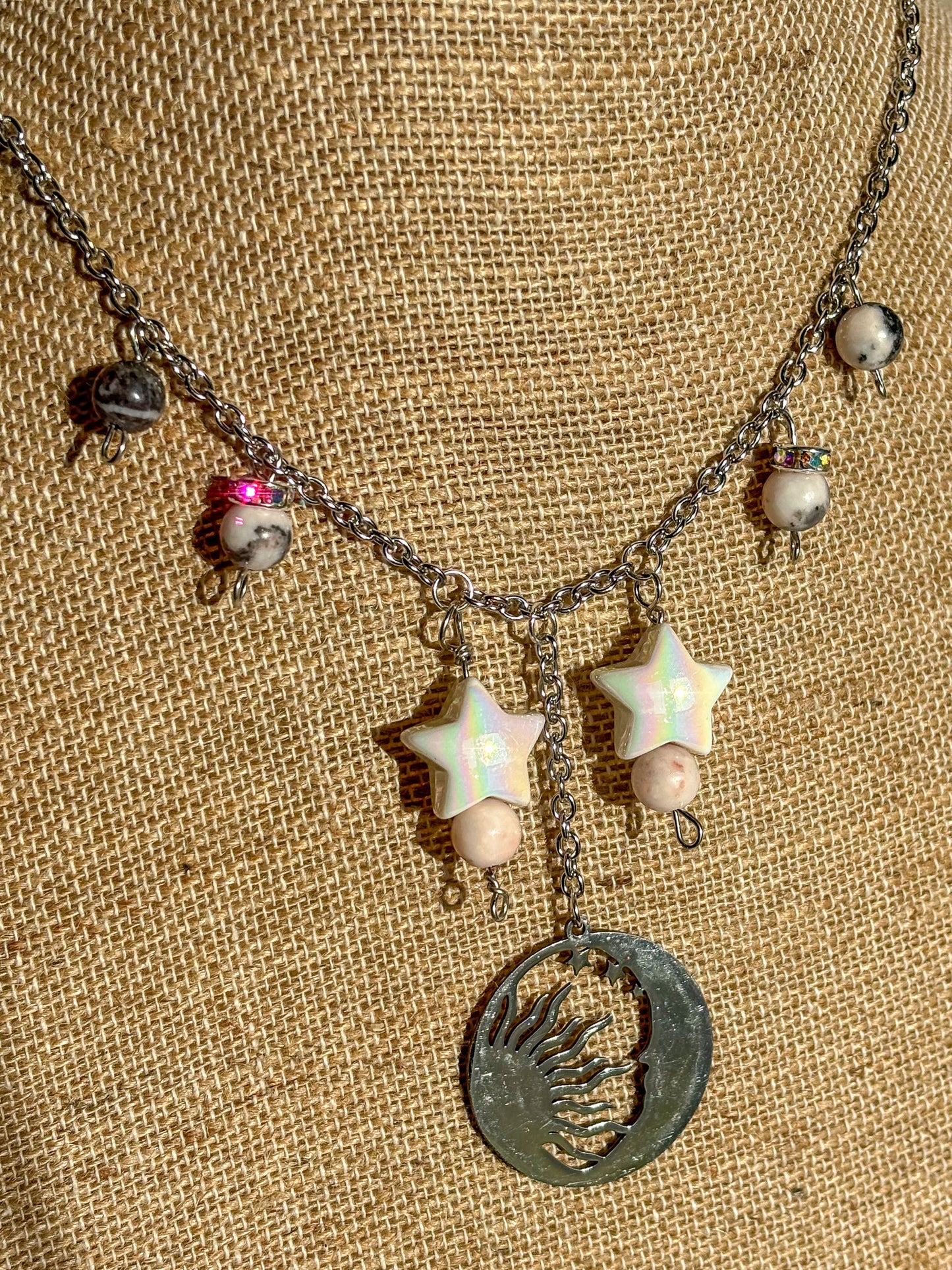 Sun Moon Star Rhodonite Crystal Beaded Necklace