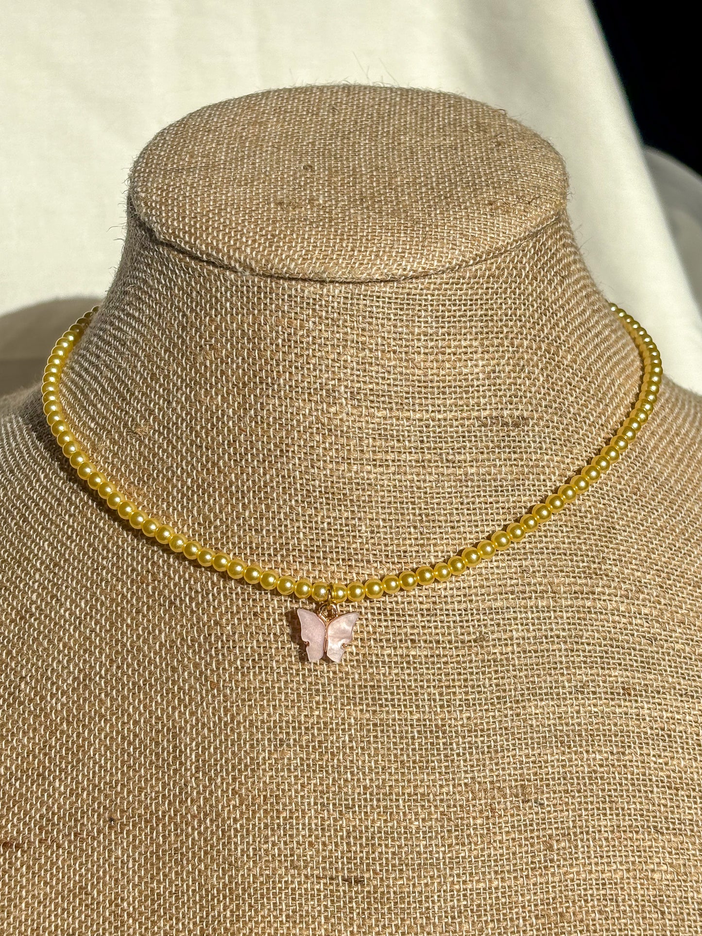 Yellow Beaded Pink Butterfly Necklace