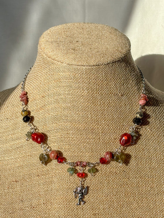 Cupid Cherub Red Crystal Stone Beaded Necklace