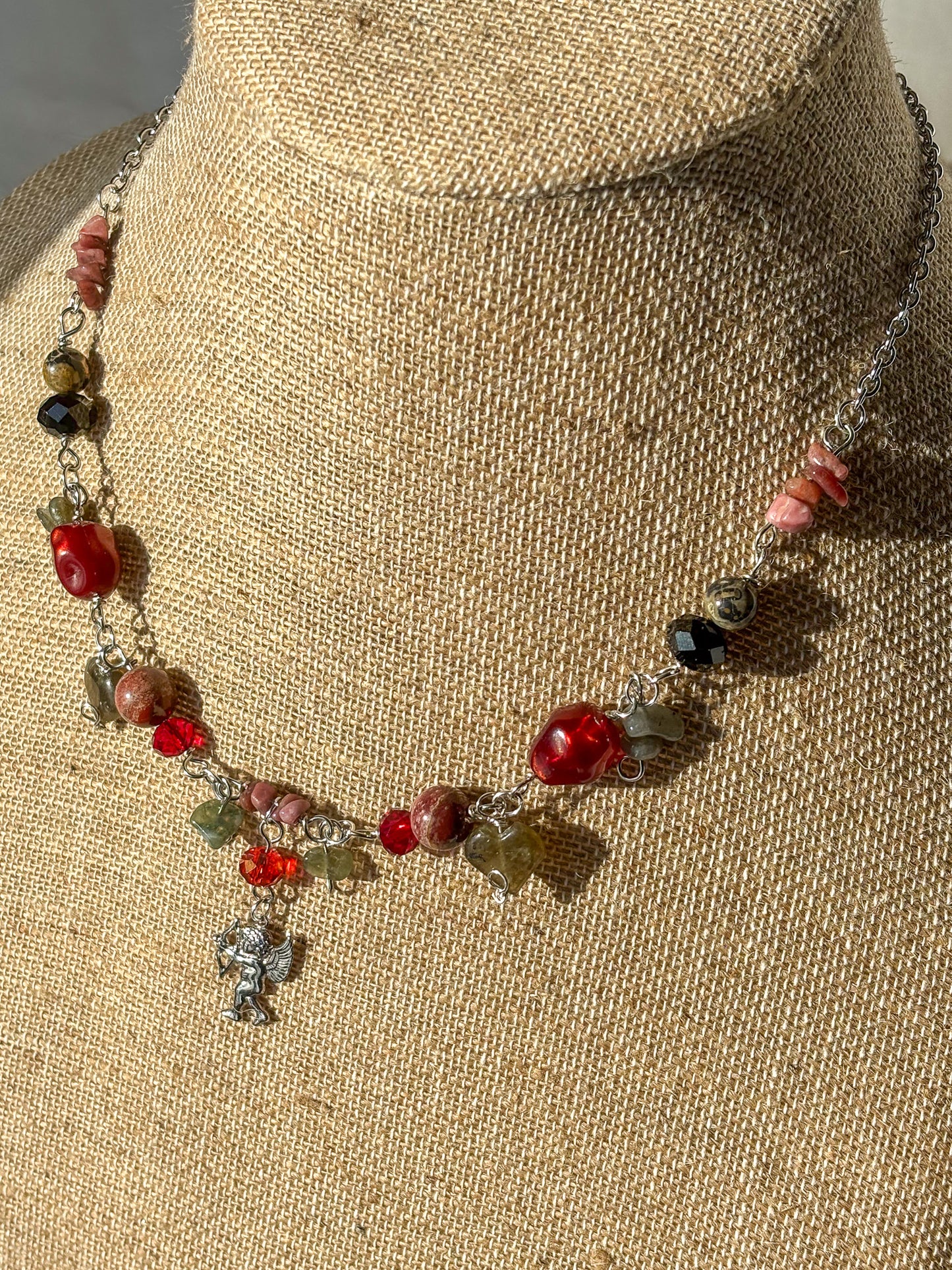 Cupid Cherub Red Crystal Stone Beaded Necklace