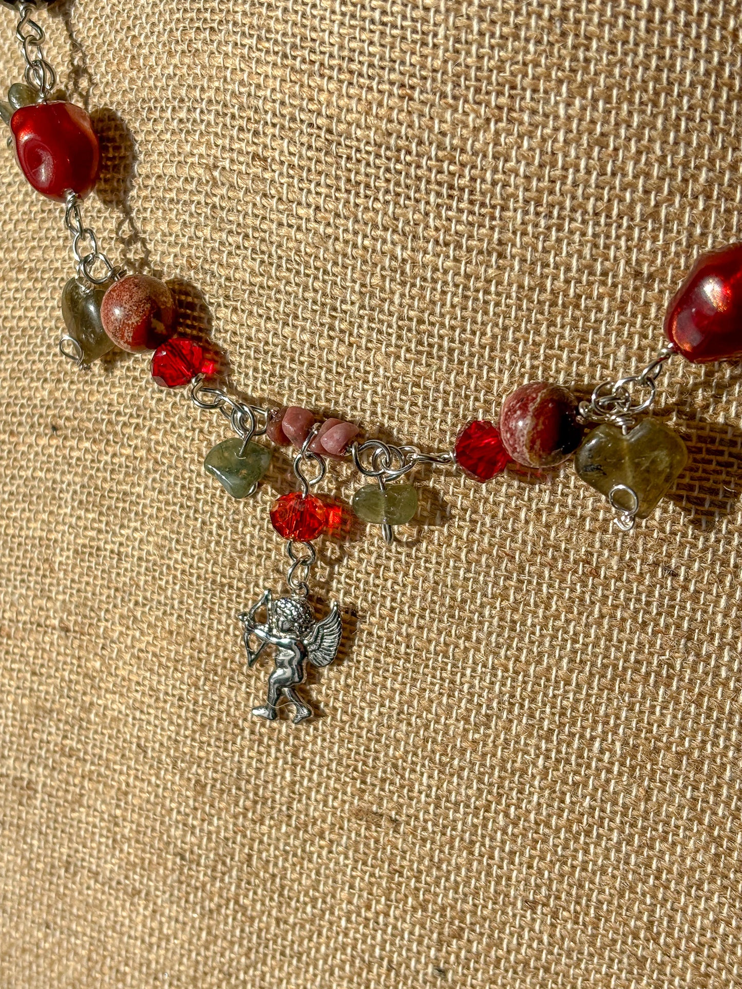 Cupid Cherub Red Crystal Stone Beaded Necklace