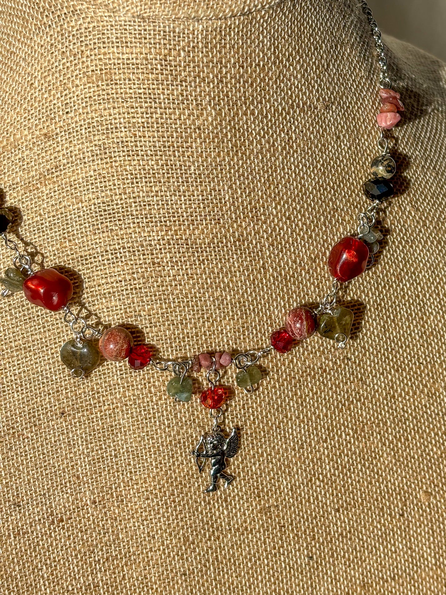 Cupid Cherub Red Crystal Stone Beaded Necklace