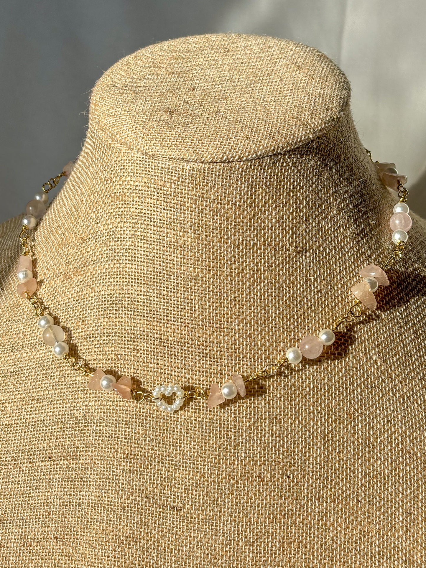 Gold or Silver Rose Quartz Pearl Heart Beaded Necklace