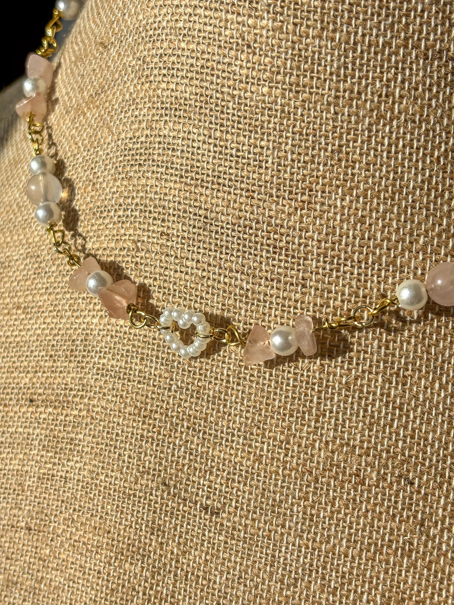 Gold or Silver Rose Quartz Pearl Heart Beaded Necklace