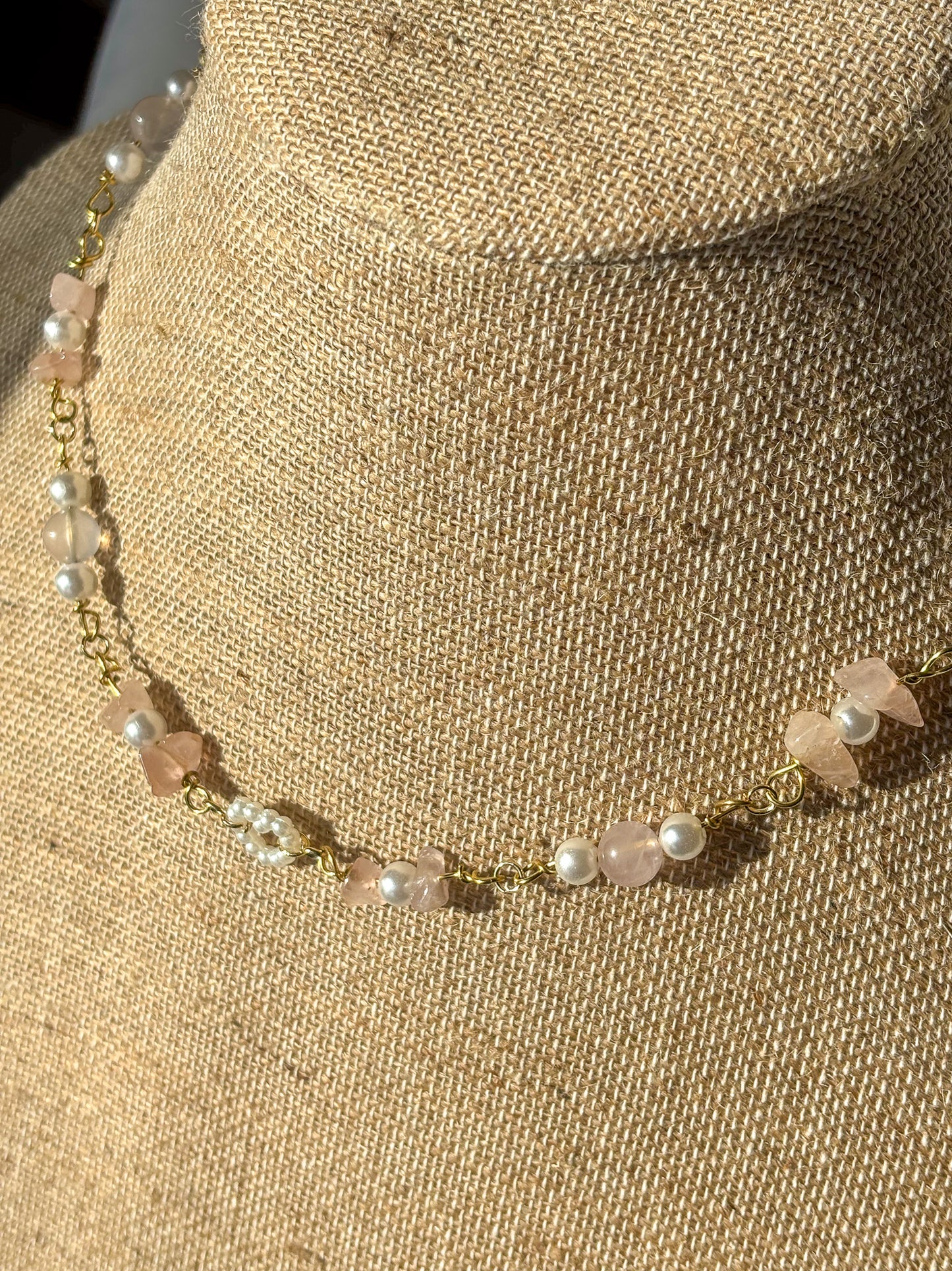 Gold or Silver Rose Quartz Pearl Heart Beaded Necklace