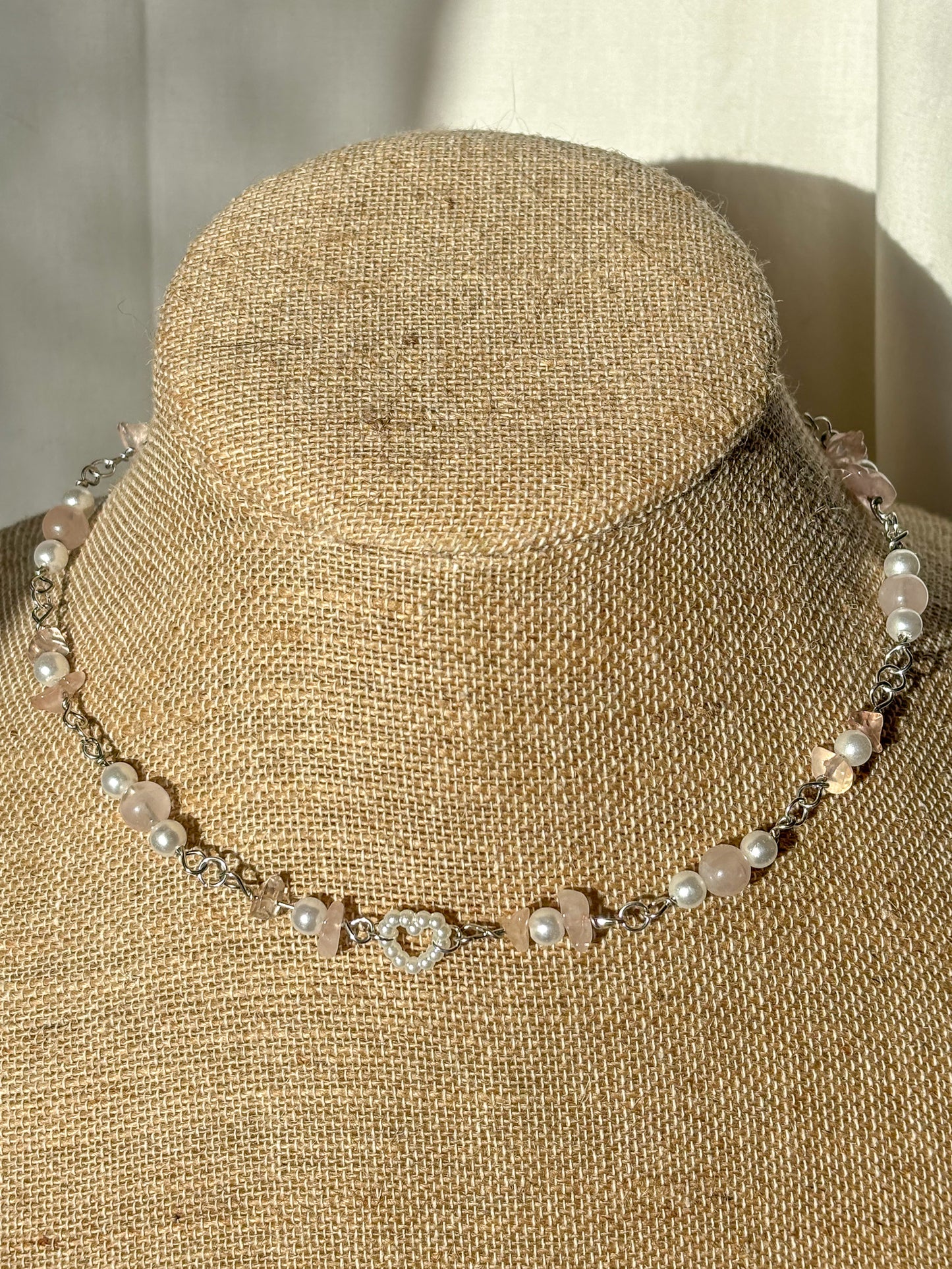 Gold or Silver Rose Quartz Pearl Heart Beaded Necklace