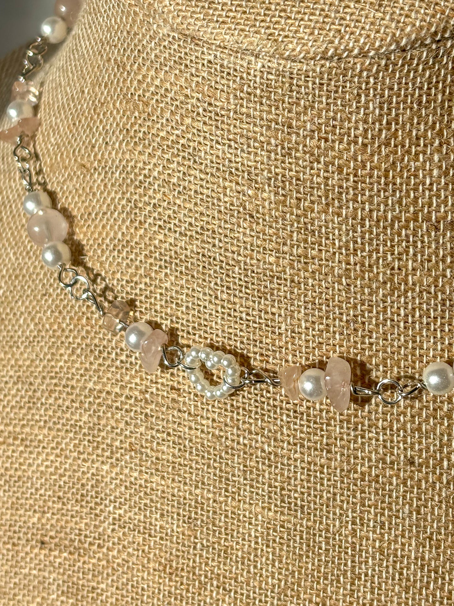 Gold or Silver Rose Quartz Pearl Heart Beaded Necklace