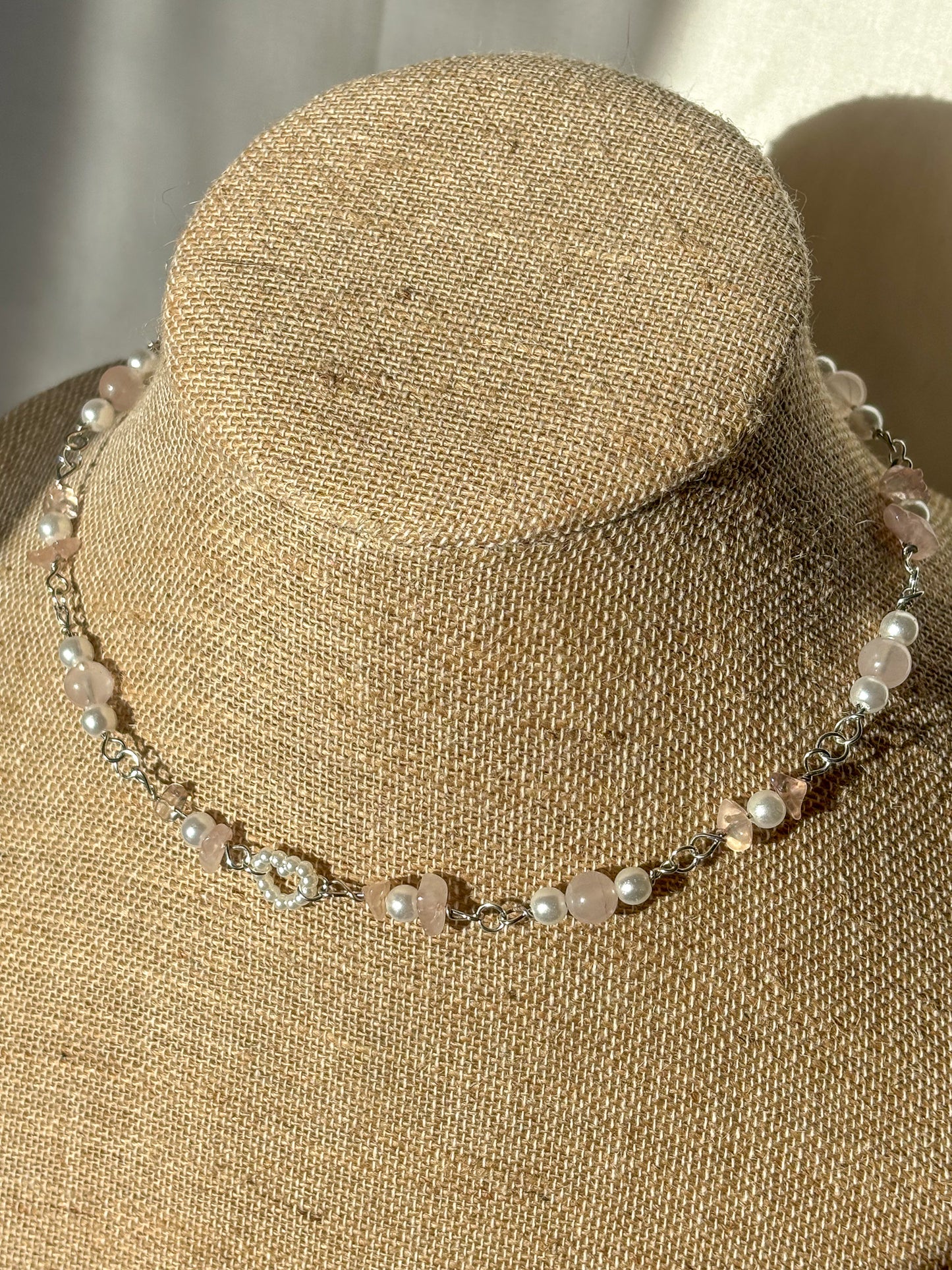 Gold or Silver Rose Quartz Pearl Heart Beaded Necklace