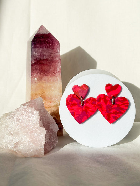 Stacked Hearts Hot Pink Purple Clay Stud Dangle Earrings