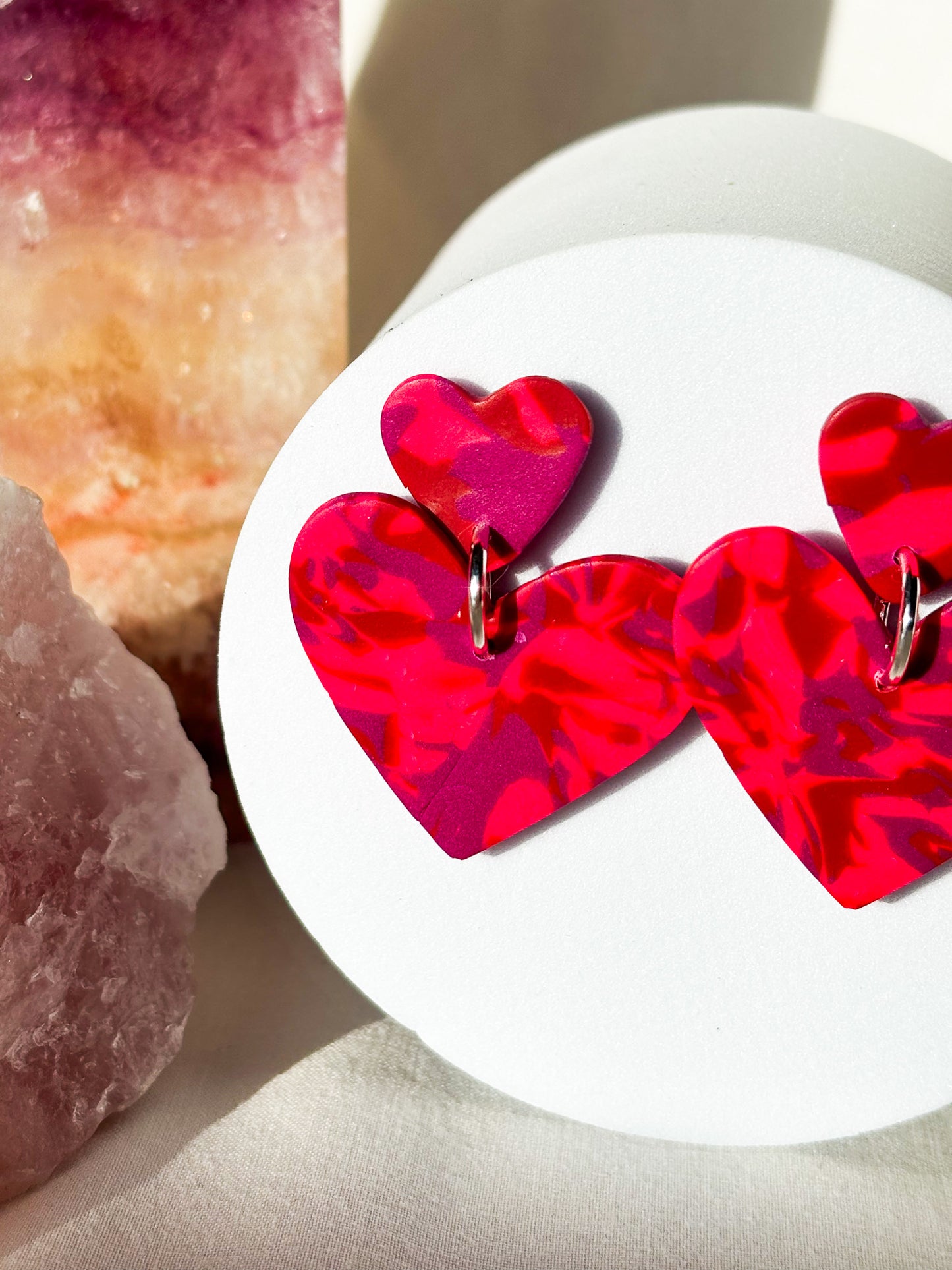 Stacked Hearts Hot Pink Purple Clay Stud Dangle Earrings