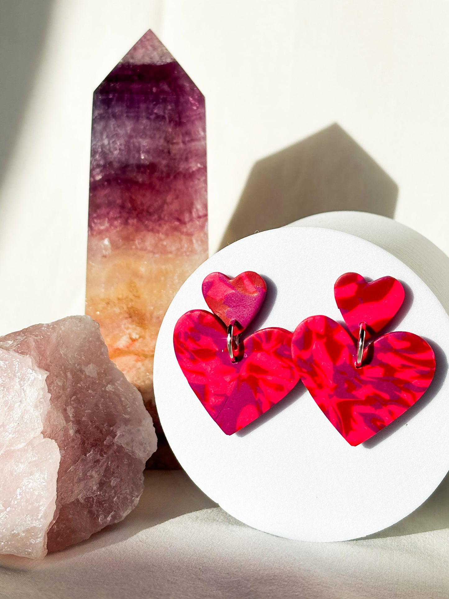 Stacked Hearts Hot Pink Purple Clay Stud Dangle Earrings