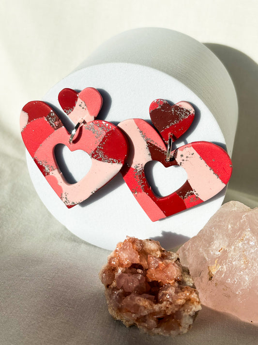 Patchwork Pinks Red Silver Stacked Heart Dangle Studs Clay Earrings