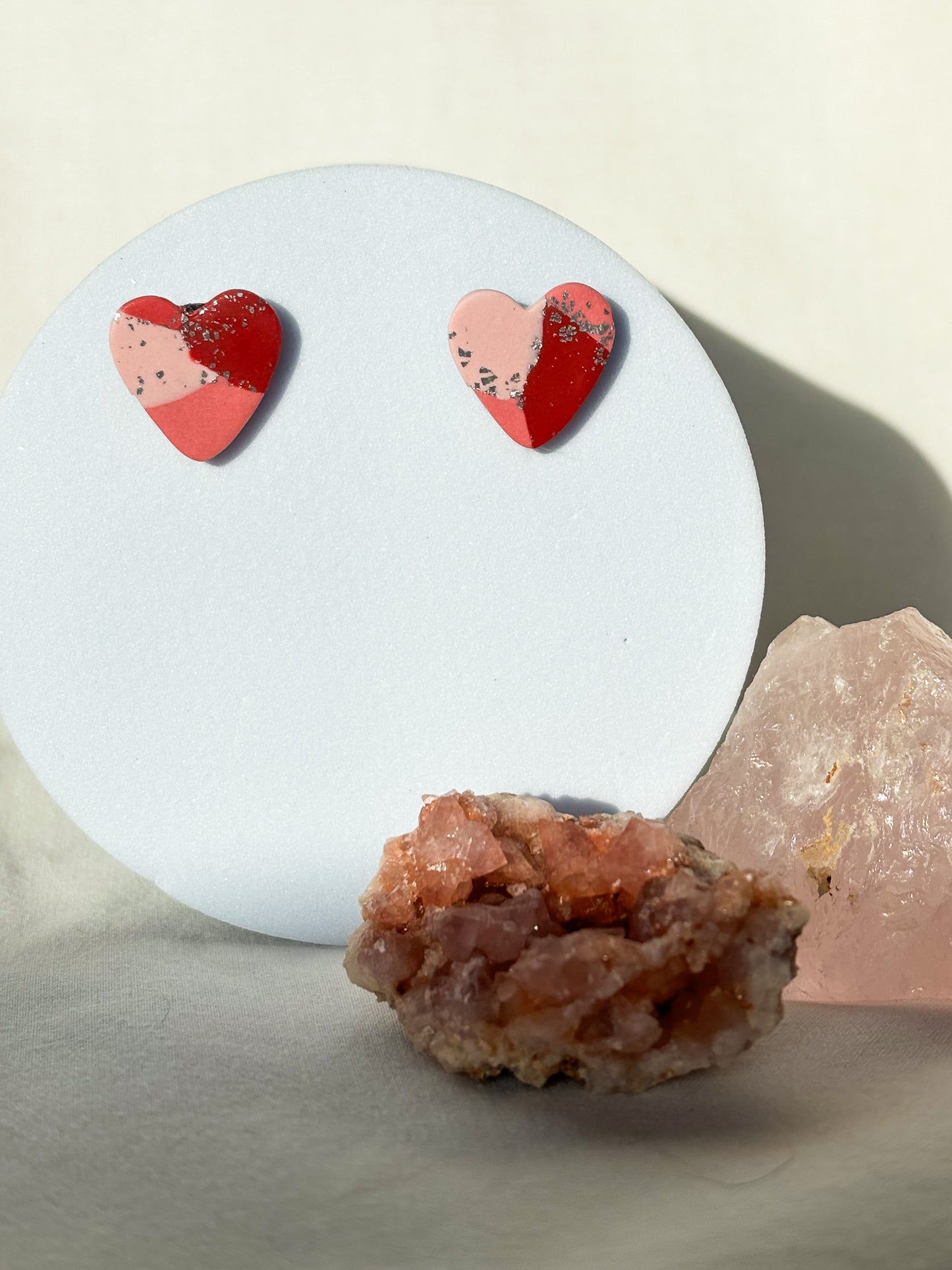 Patchwork Pink Red Silver Heart Clay Stud Earrings