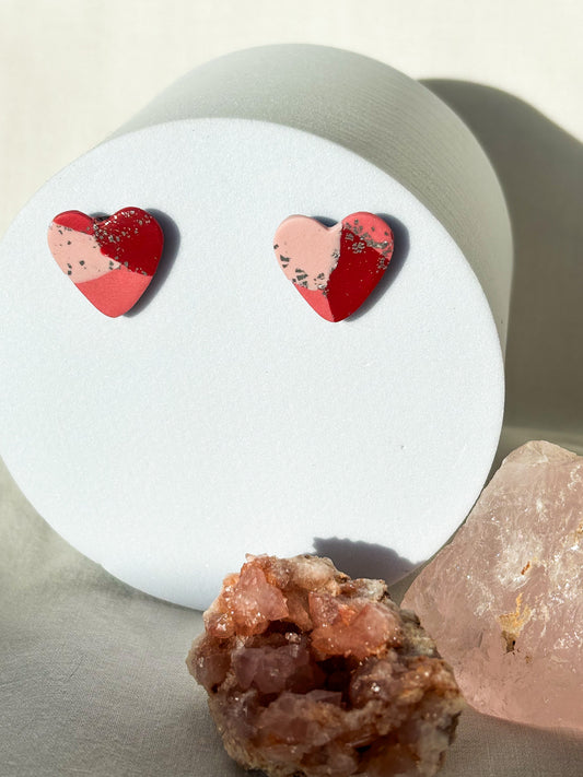 Patchwork Pink Red Silver Heart Clay Stud Earrings