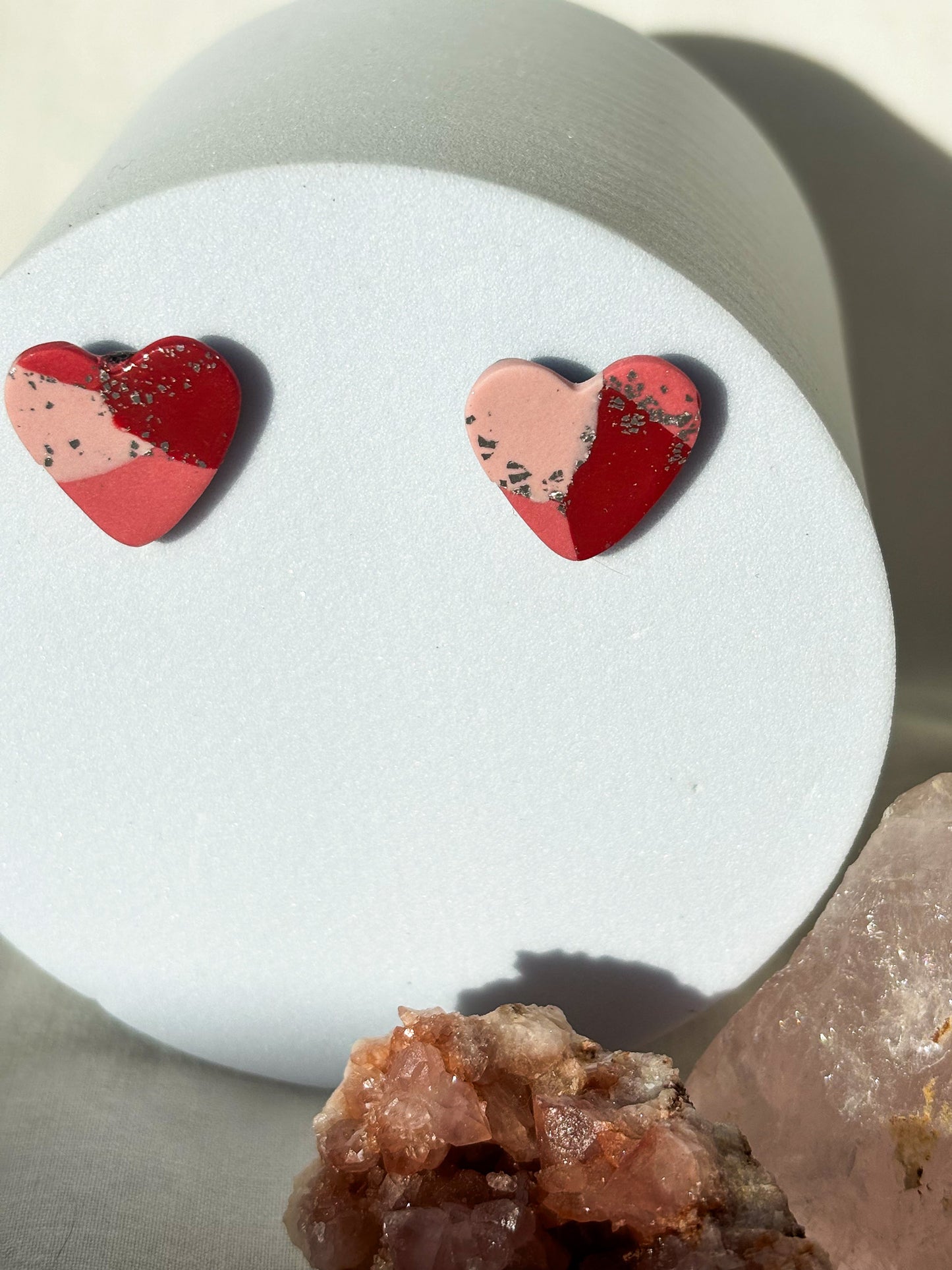 Patchwork Pink Red Silver Heart Clay Stud Earrings