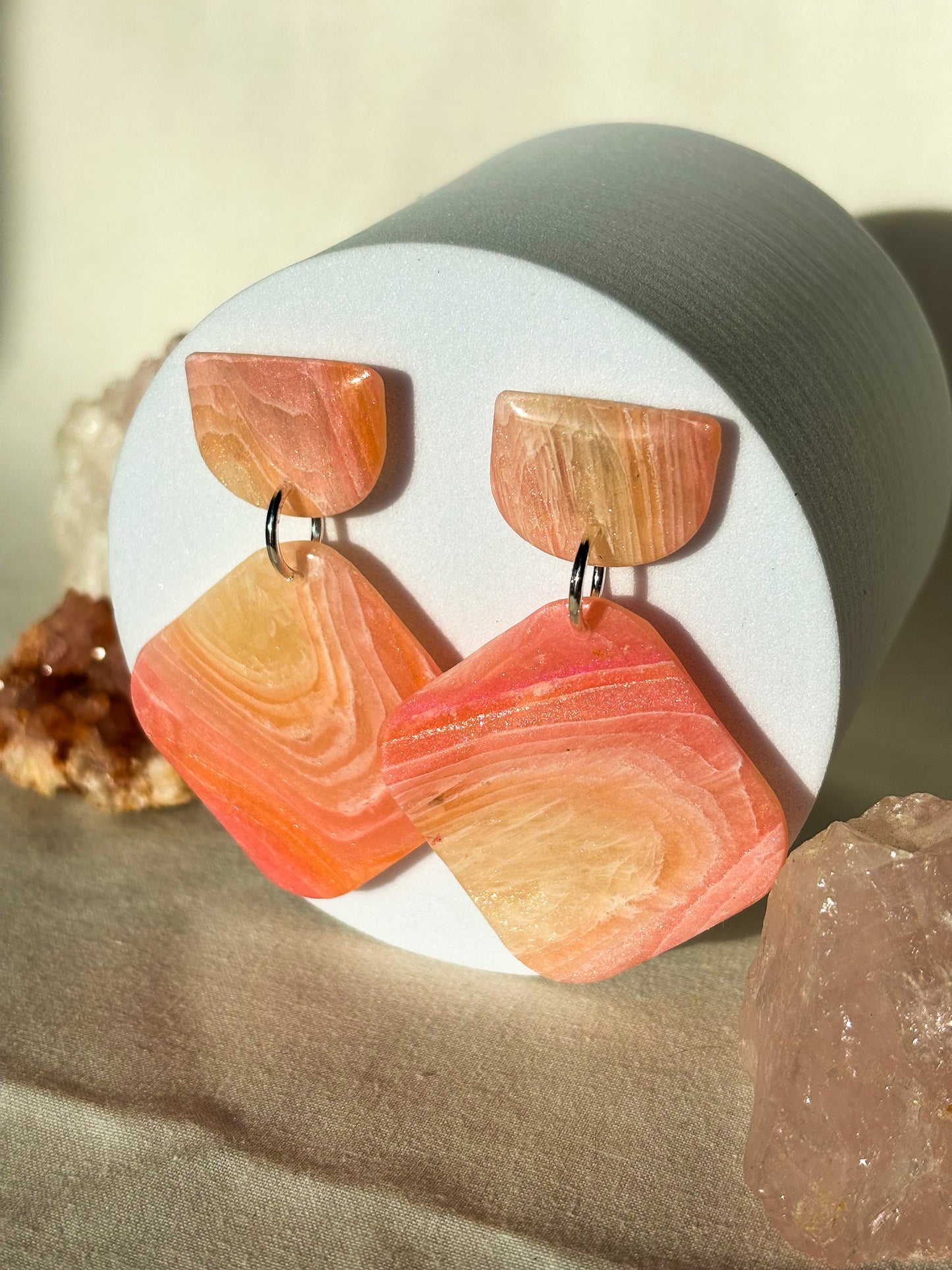 Soft Pink Swirled Clay Dangle Stud Earrings