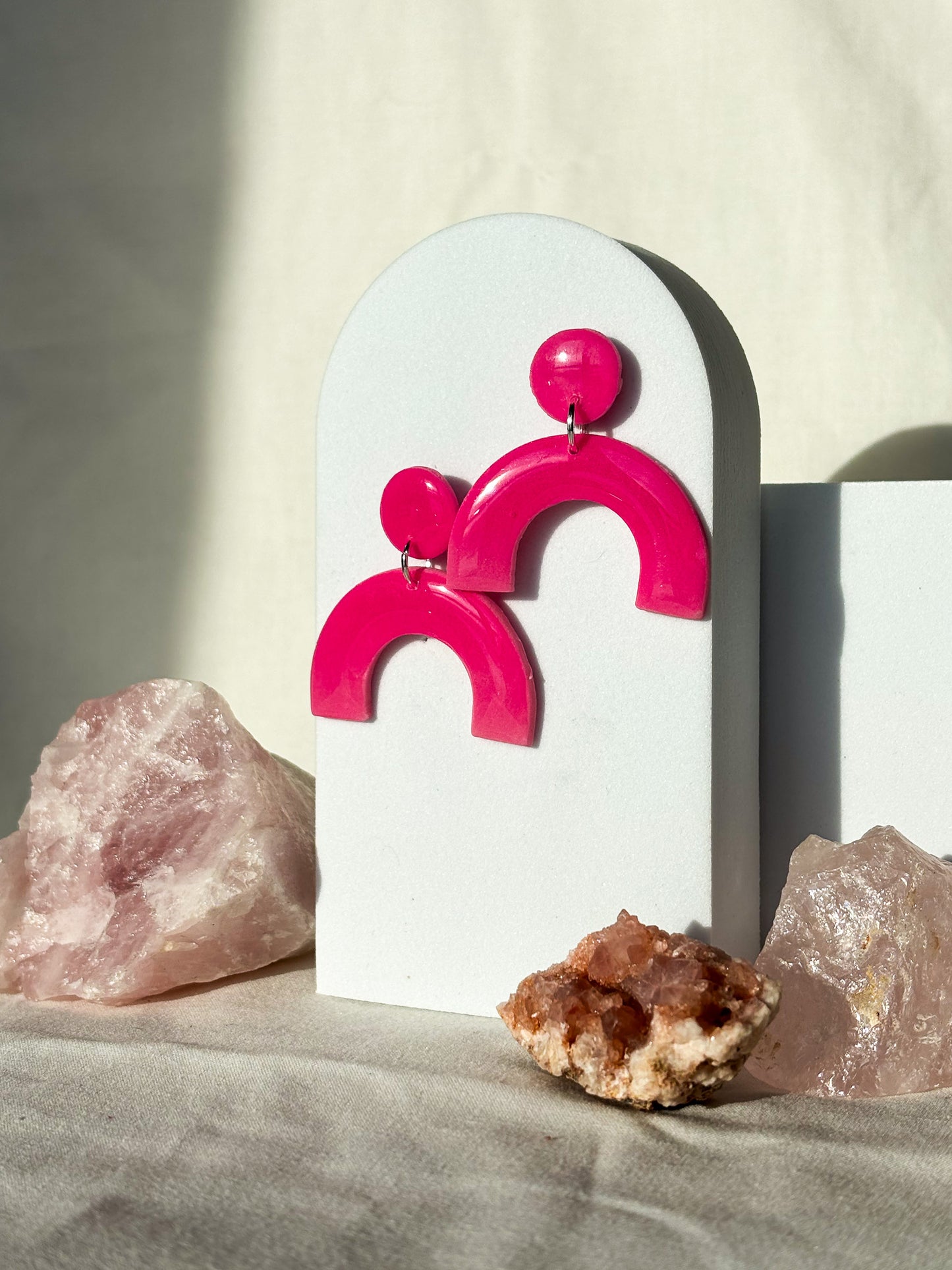 Glow In The Dark Hot Pink Arch Clay Dangle Stud Earrings