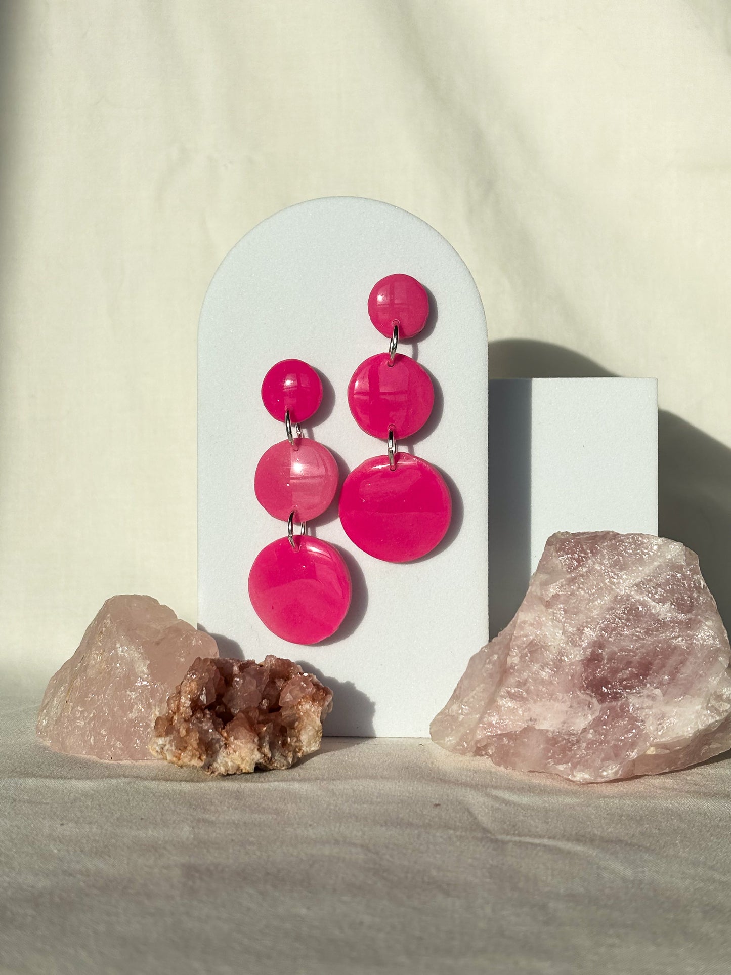 Glow in the Dark Hot Pink Stacked Circle Clay Dangle Stud Earrings