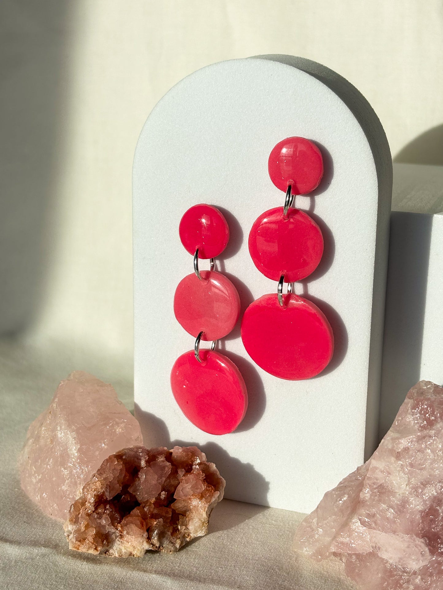 Glow in the Dark Hot Pink Stacked Circle Clay Dangle Stud Earrings