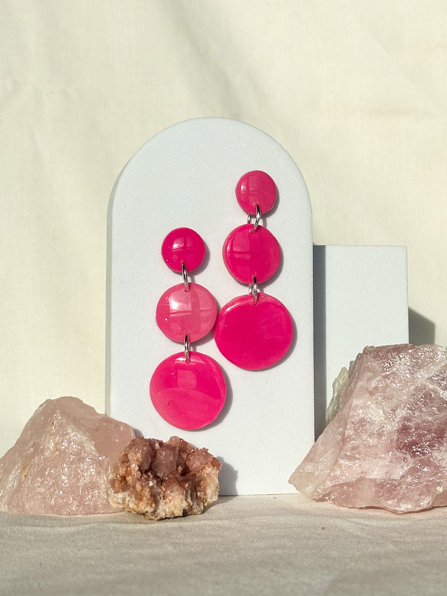 Glow in the Dark Hot Pink Stacked Circle Clay Dangle Stud Earrings