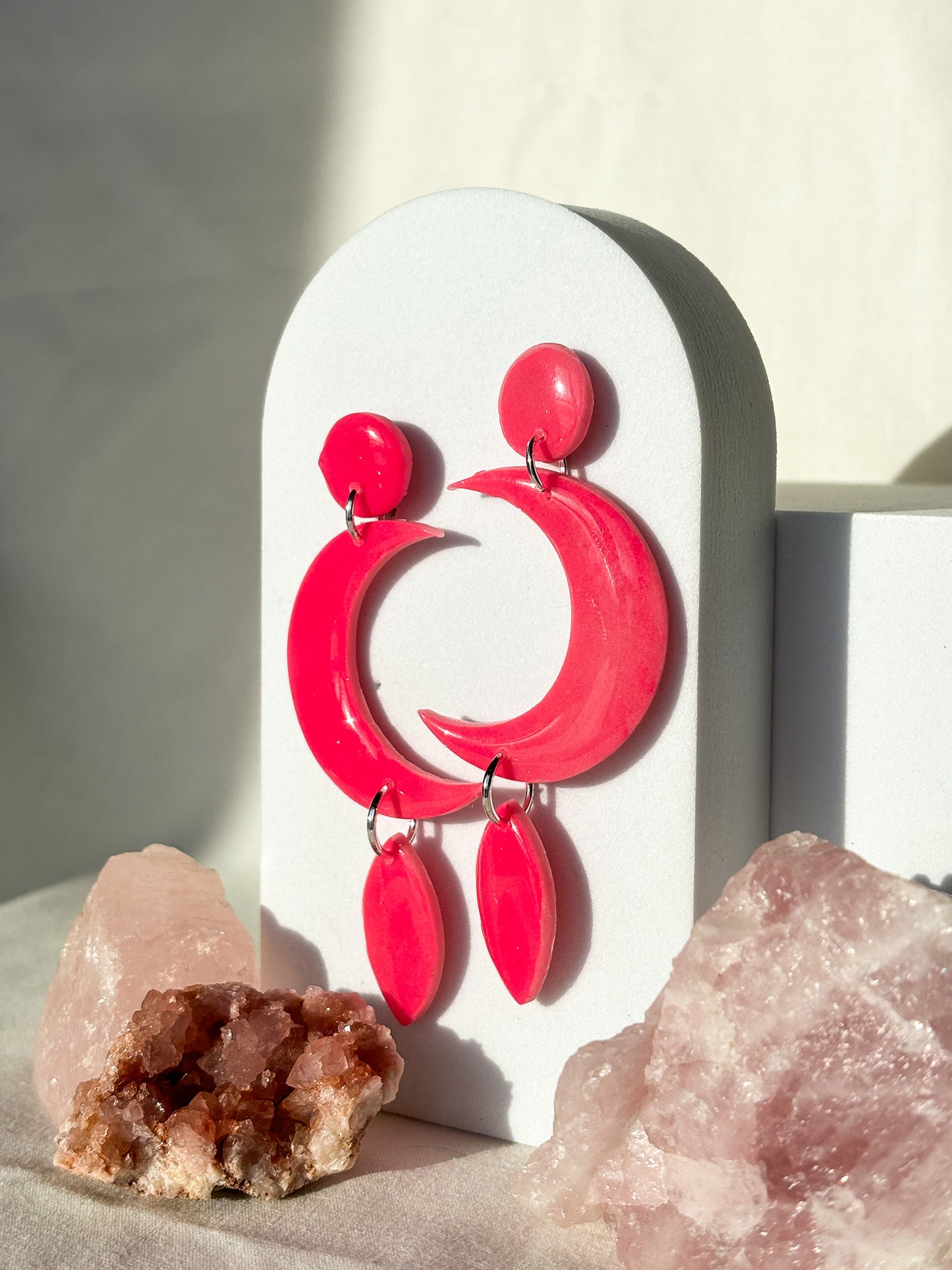 Glow In The Dark Hot Pink Stacked Moon Clay Stud Dangle Earrings