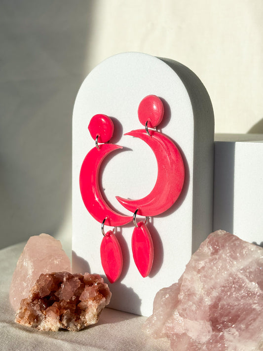 Glow In The Dark Hot Pink Stacked Moon Clay Stud Dangle Earrings