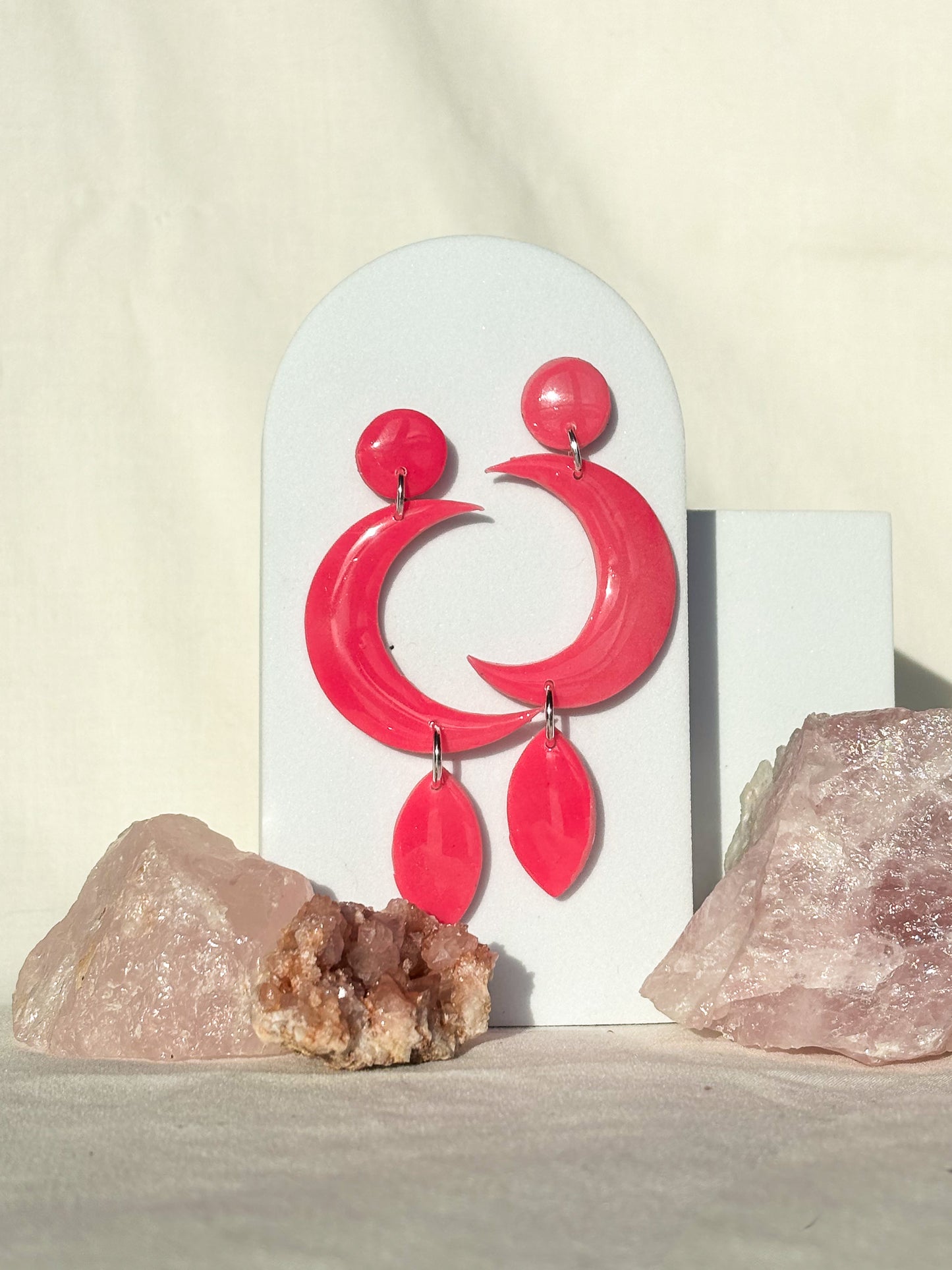 Glow In The Dark Hot Pink Stacked Moon Clay Stud Dangle Earrings