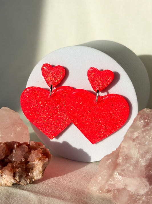Sparkly Bright Red Stacked Heart Clay Dangle Stud Earrings
