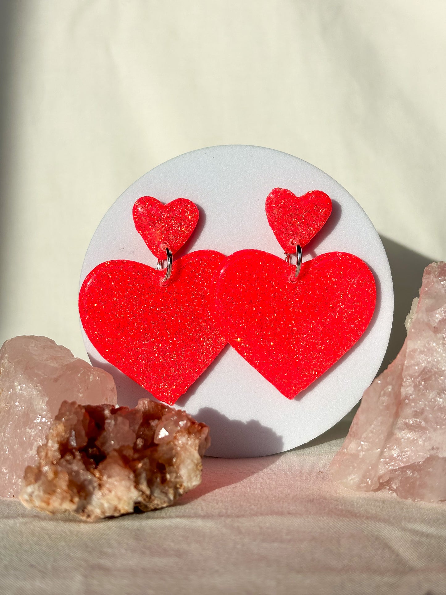 Sparkly Bright Red Stacked Heart Clay Dangle Stud Earrings