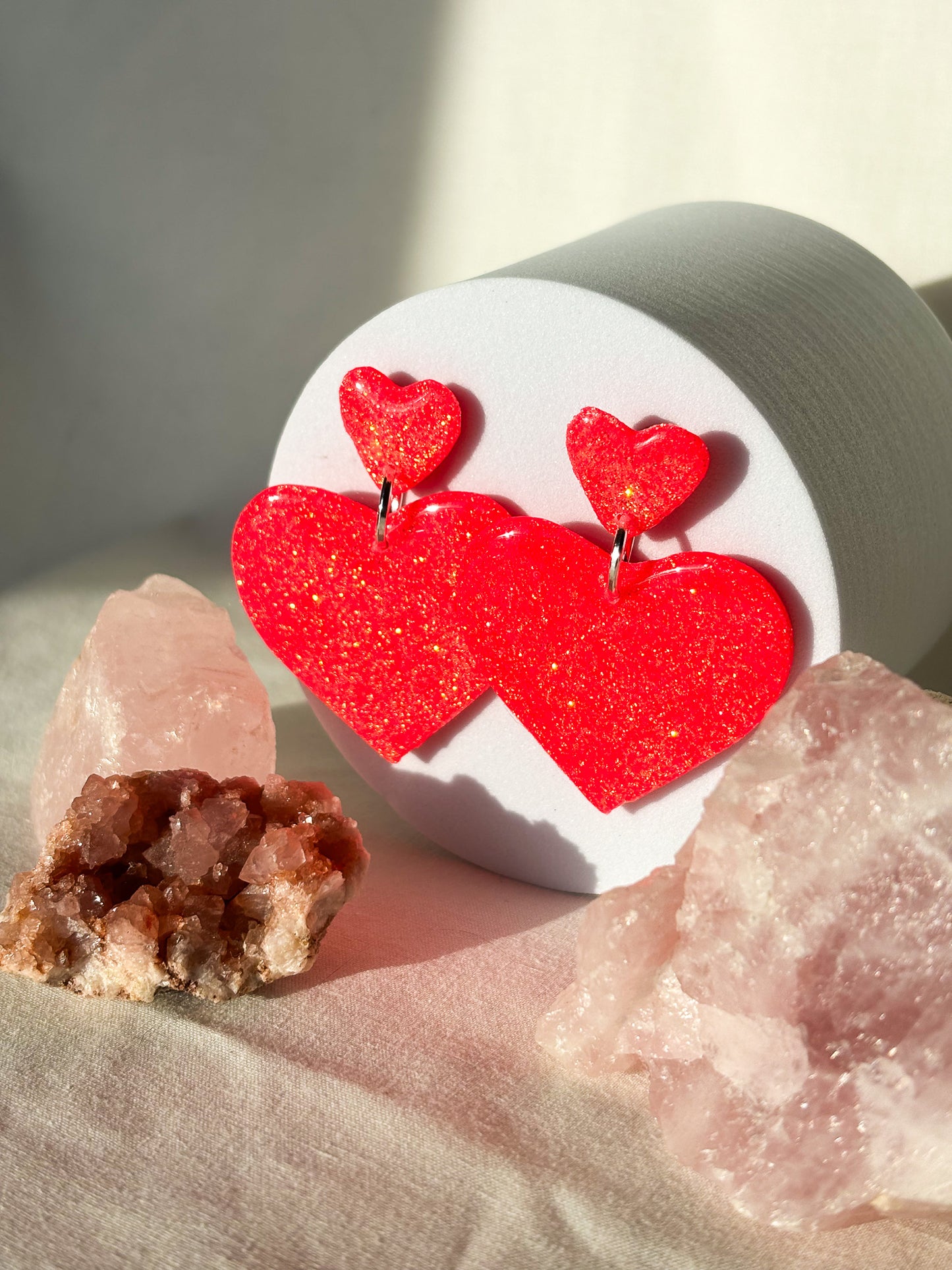 Sparkly Bright Red Stacked Heart Clay Dangle Stud Earrings