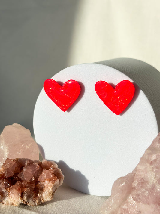 Sparkle Bright Red Large Heart Clay Stud Earrings