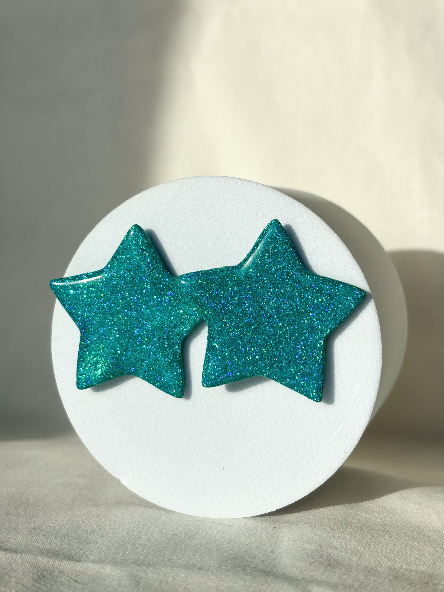Sparkly Glitter Large Star Teal Clay Stud Earrings