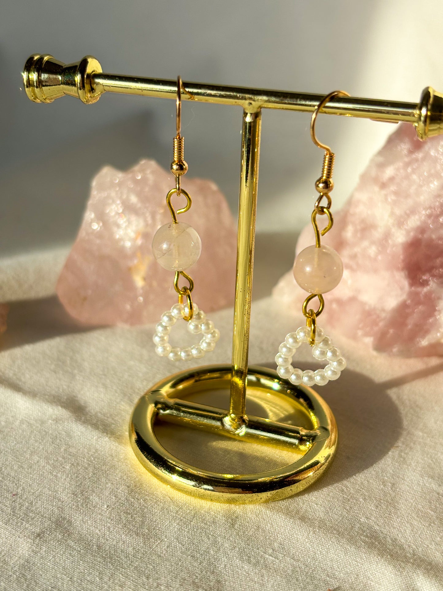 Rose Quartz Crystal Pearl Heart Beaded Dangle Earrings