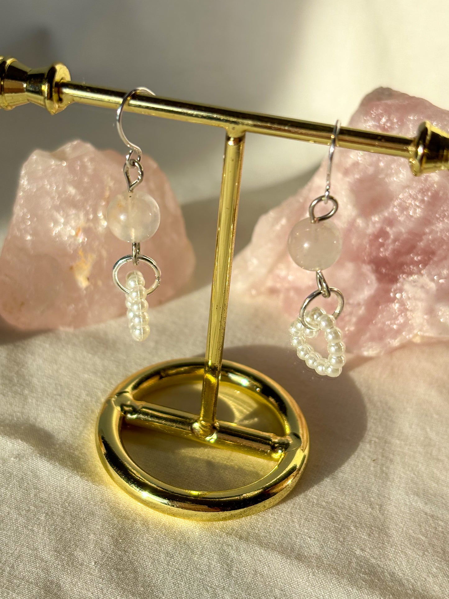 Rose Quartz Crystal Pearl Heart Beaded Dangle Earrings
