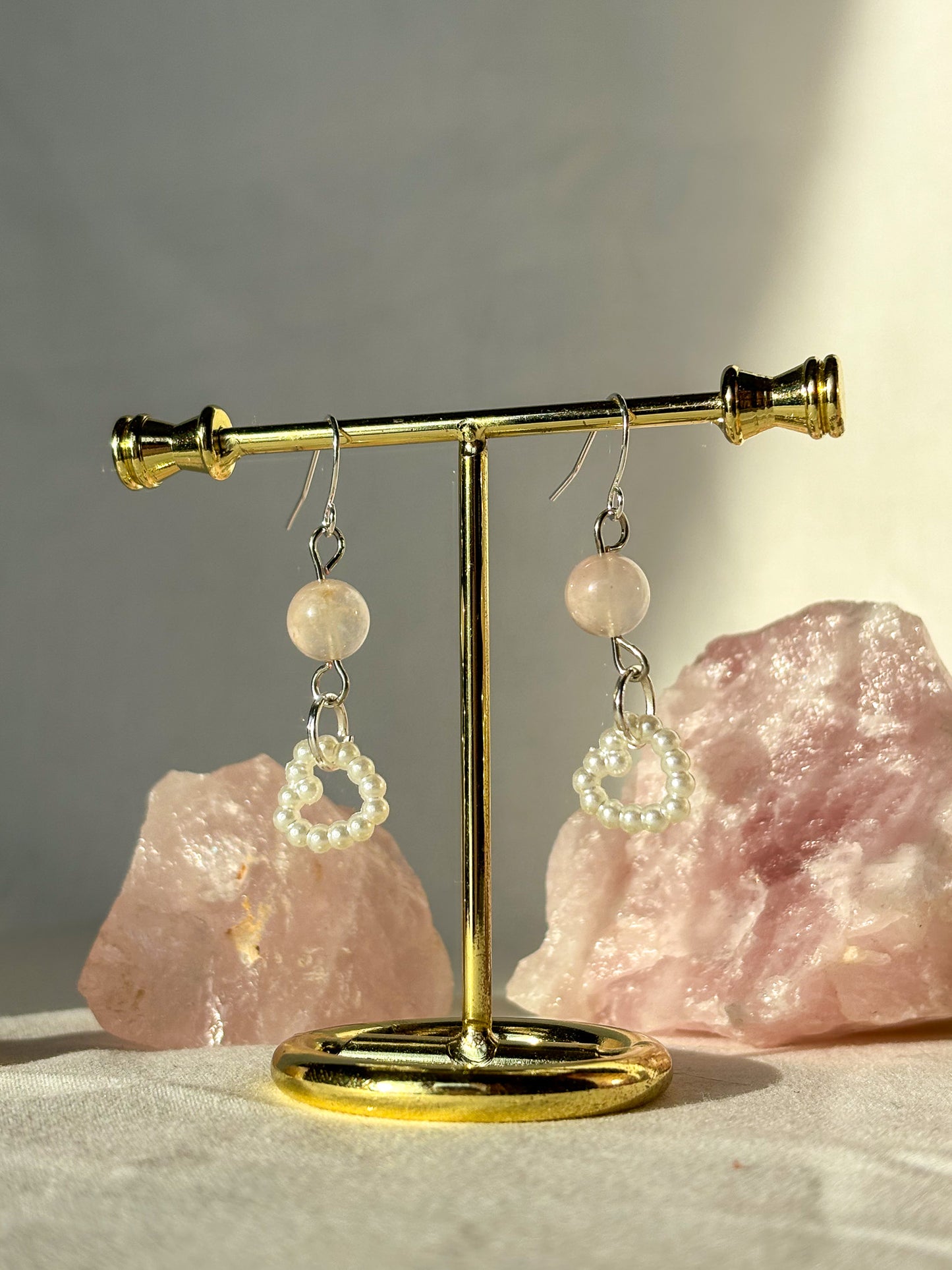 Rose Quartz Crystal Pearl Heart Beaded Dangle Earrings