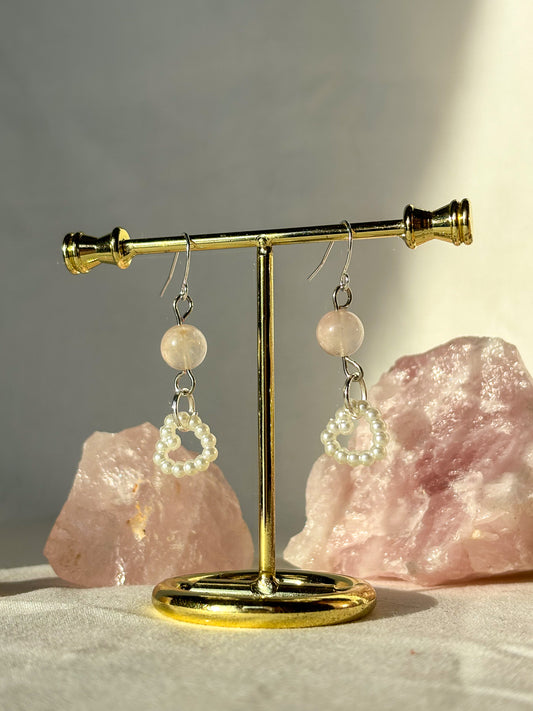 Rose Quartz Crystal Pearl Heart Beaded Dangle Earrings