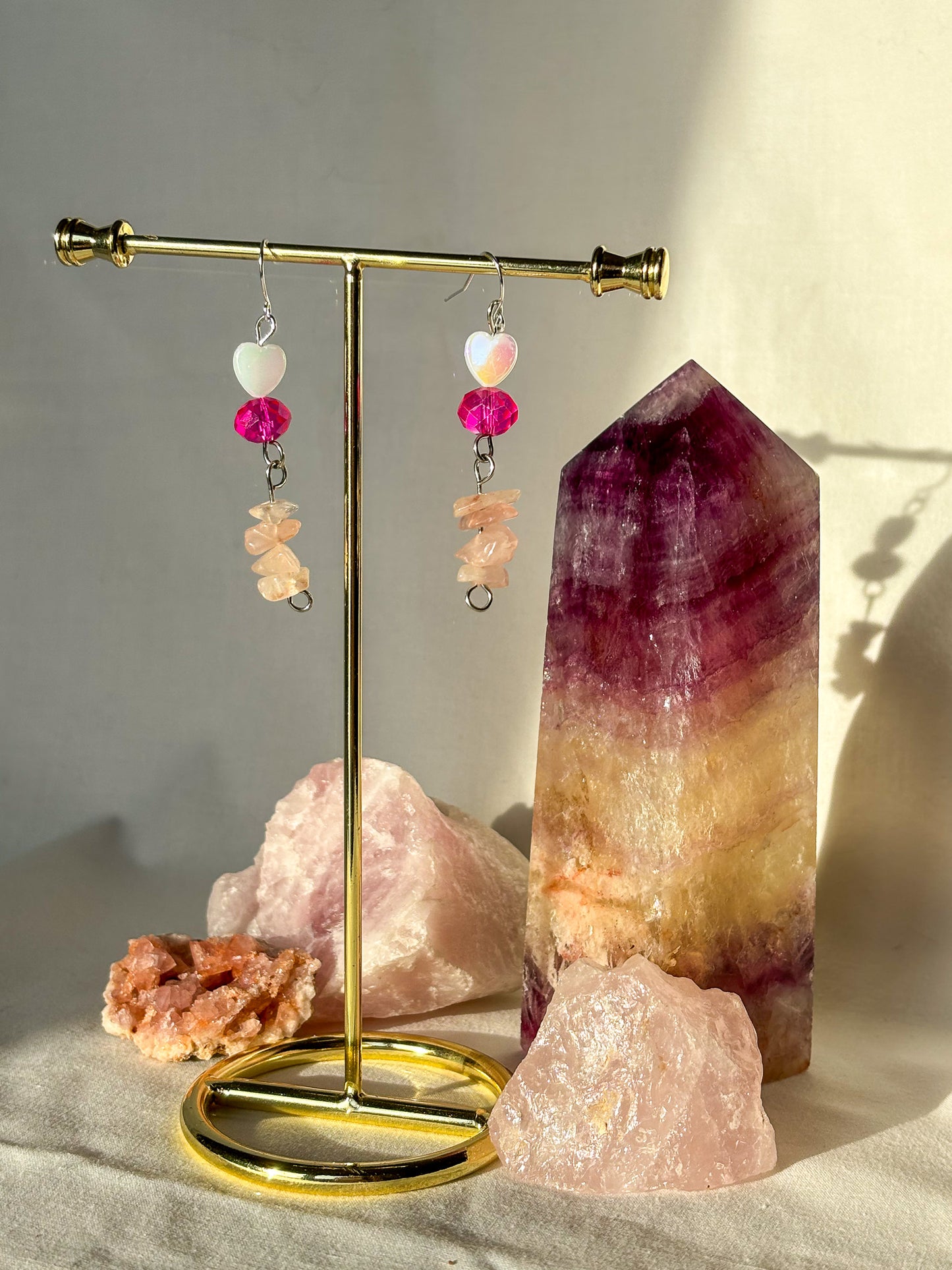 Rose Quartz Pink Heart Dangle Earrings