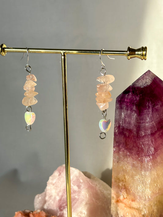 Rose Quartz Crystal Heart Beaded Dangle Earrings